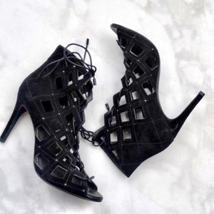 Joie Black Suede Studded Lattice Lace Up Sandals